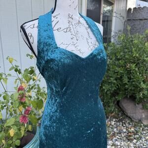 Vintage 80s 90s All That Jazz Teal Blue Velvet Cocktail Dress Halter Hippie M